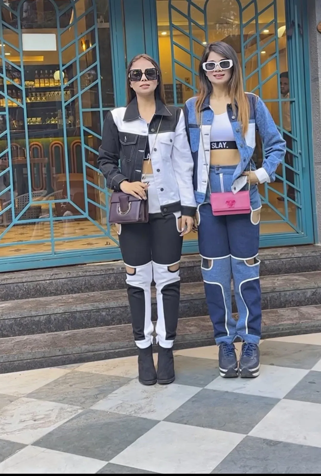 SLAY. Women's Black & White Colorblock Denim Jacket Crop Top & Jeans Co-ord Set(3 piece)