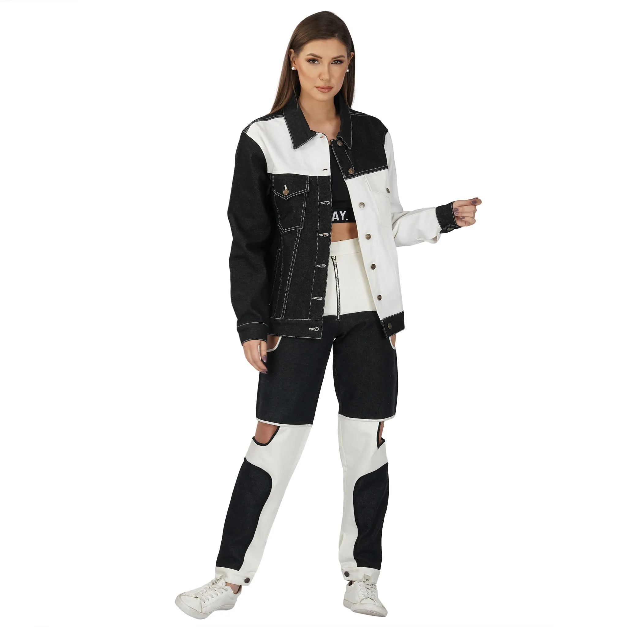 SLAY. Women's Black & White Colorblock Denim Jacket Crop Top & Jeans Co-ord Set(3 piece)