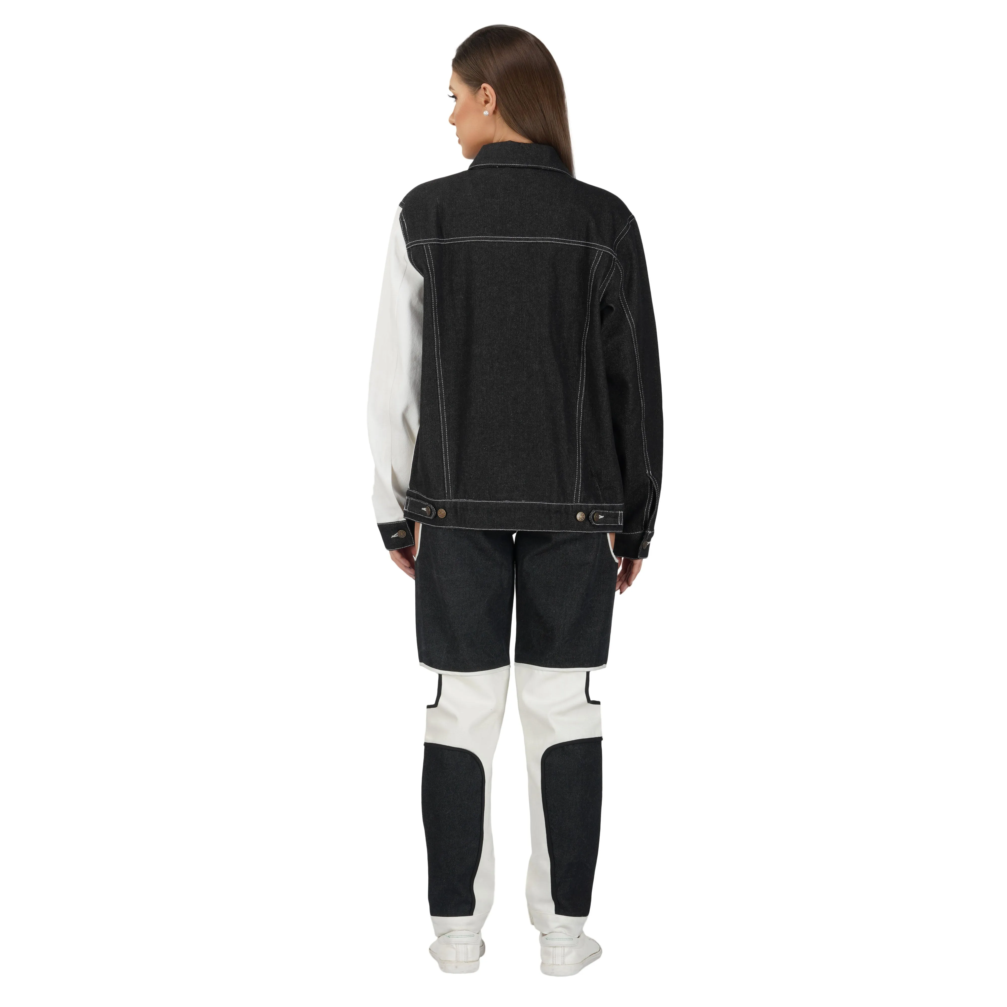 SLAY. Women's Black & White Colorblock Denim Jacket Crop Top & Jeans Co-ord Set(3 piece)