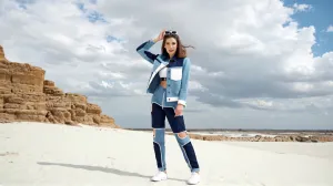 SLAY. Women's Blue & White Colorblock Denim Jacket Crop Top & Jeans Co-ord Set(3 Piece)