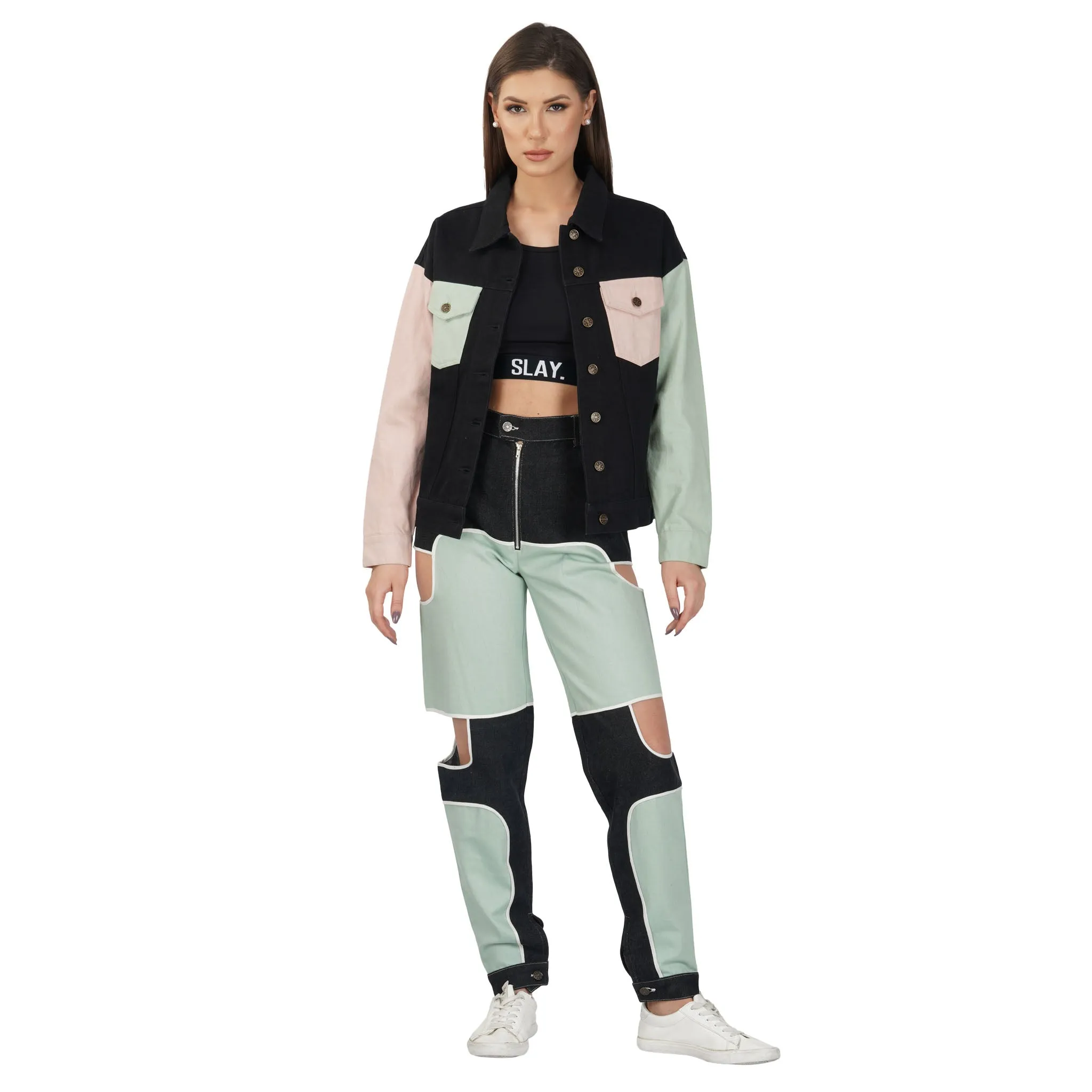 SLAY. Women's Flap Pocket Colorblock Denim Jacket Crop Top & Jeans Co-ord Set(3 Piece