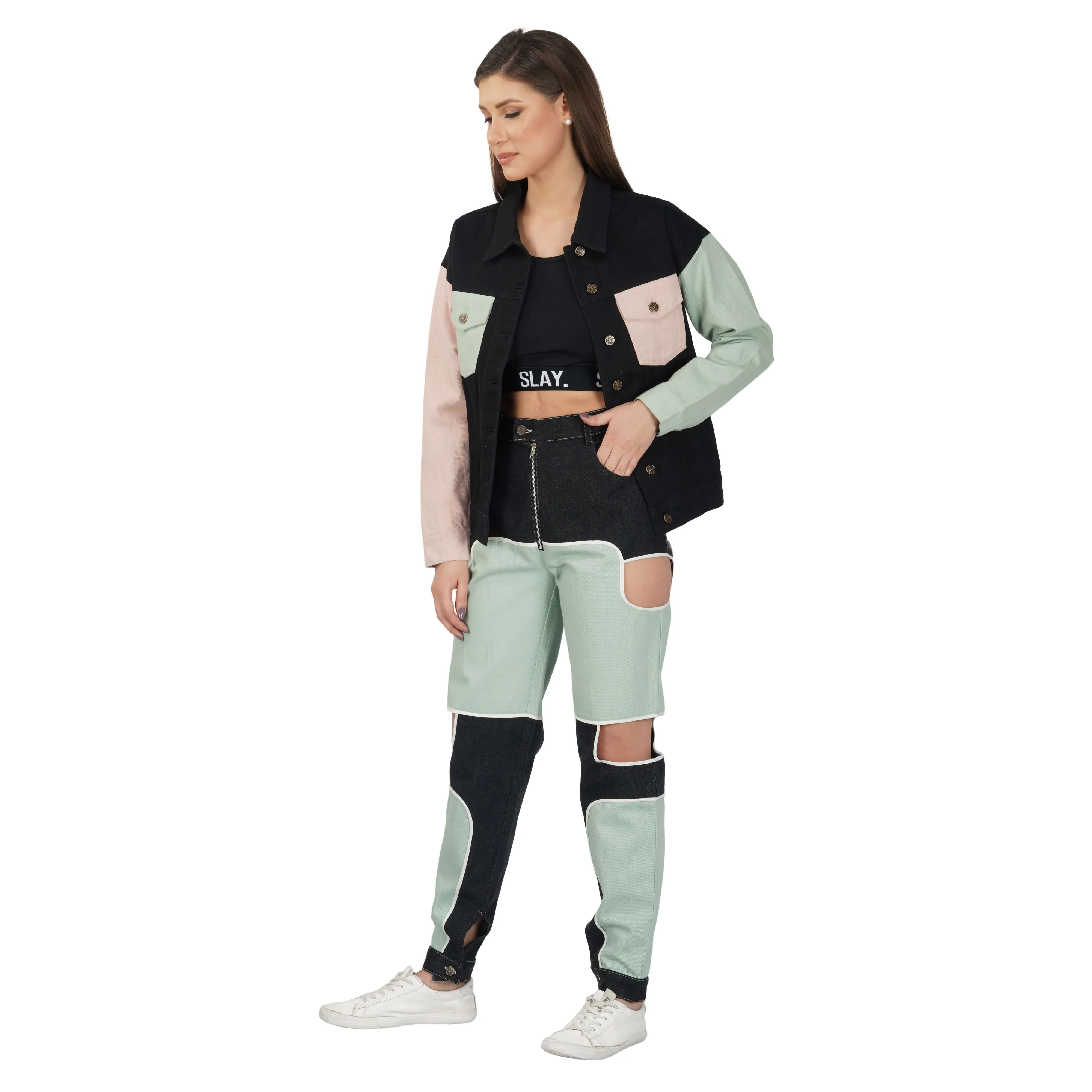 SLAY. Women's Flap Pocket Colorblock Denim Jacket Crop Top & Jeans Co-ord Set(3 Piece