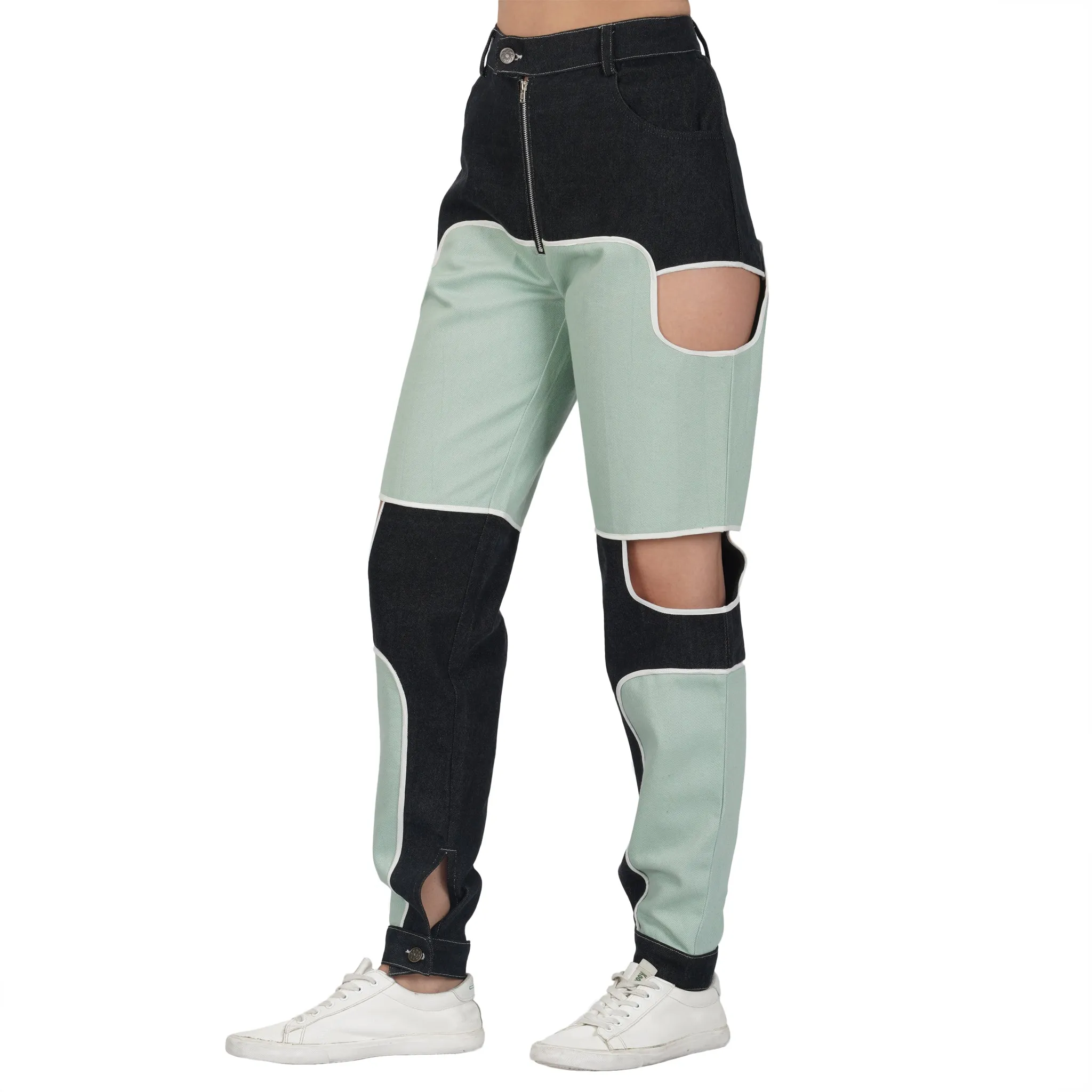 SLAY. Women's Flap Pocket Colorblock Denim Jacket Crop Top & Jeans Co-ord Set(3 Piece