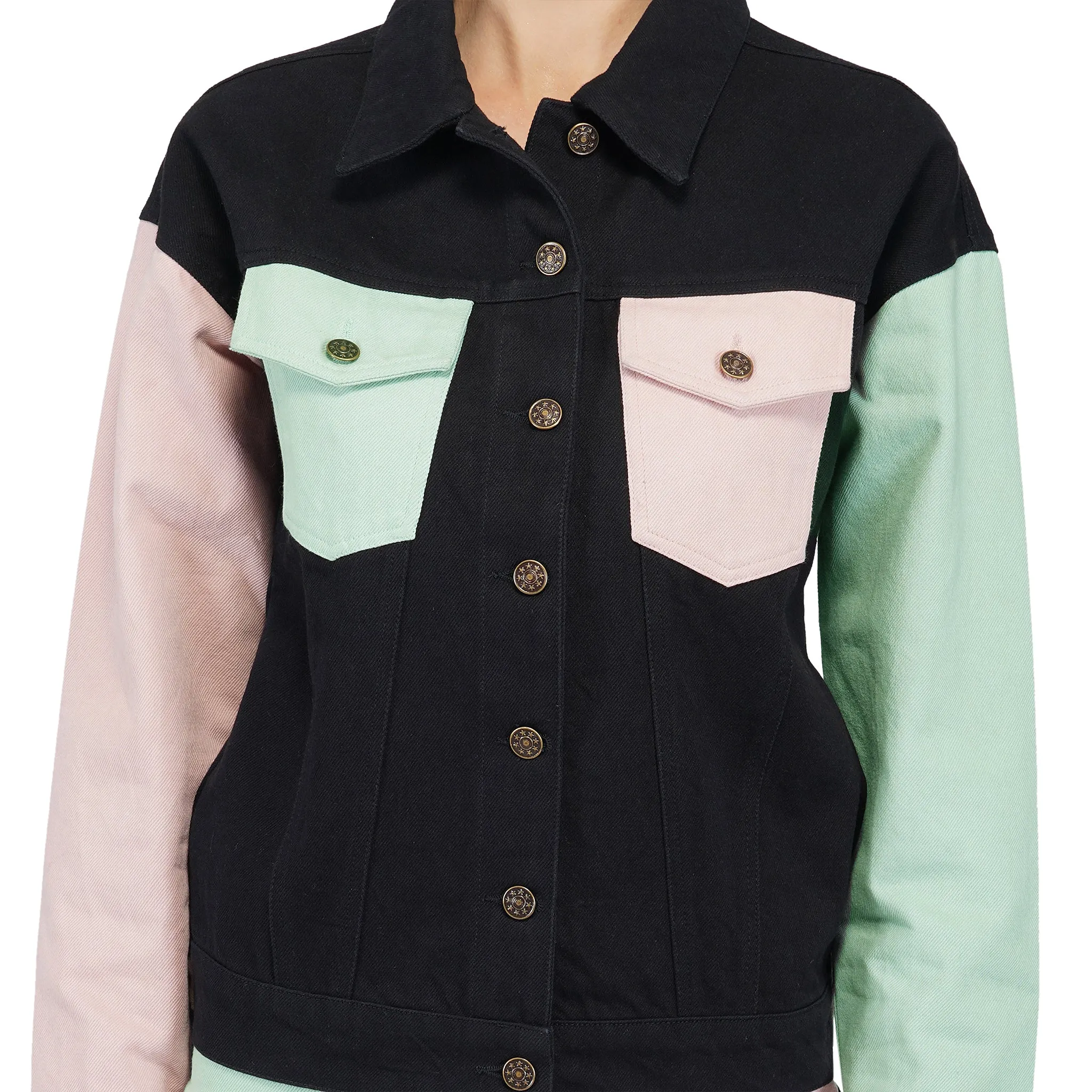SLAY. Women's Flap Pocket Colorblock Denim Jacket Crop Top & Jeans Co-ord Set(3 Piece
