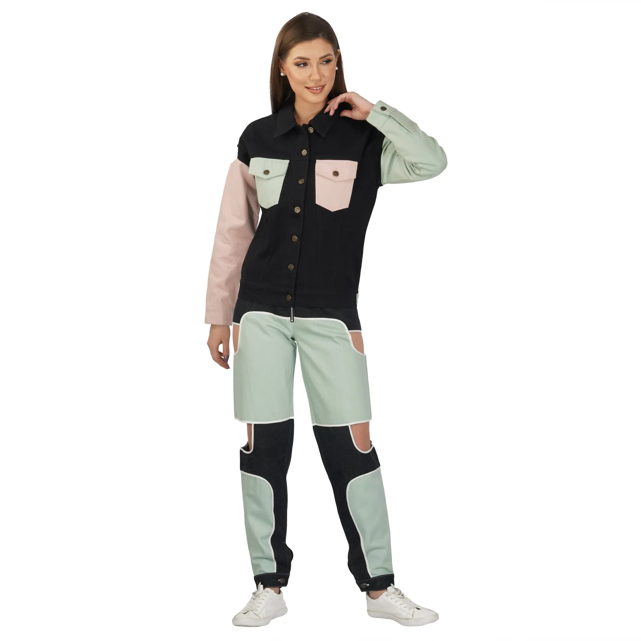SLAY. Women's Flap Pocket Colorblock Denim Jacket Crop Top & Jeans Co-ord Set(3 Piece