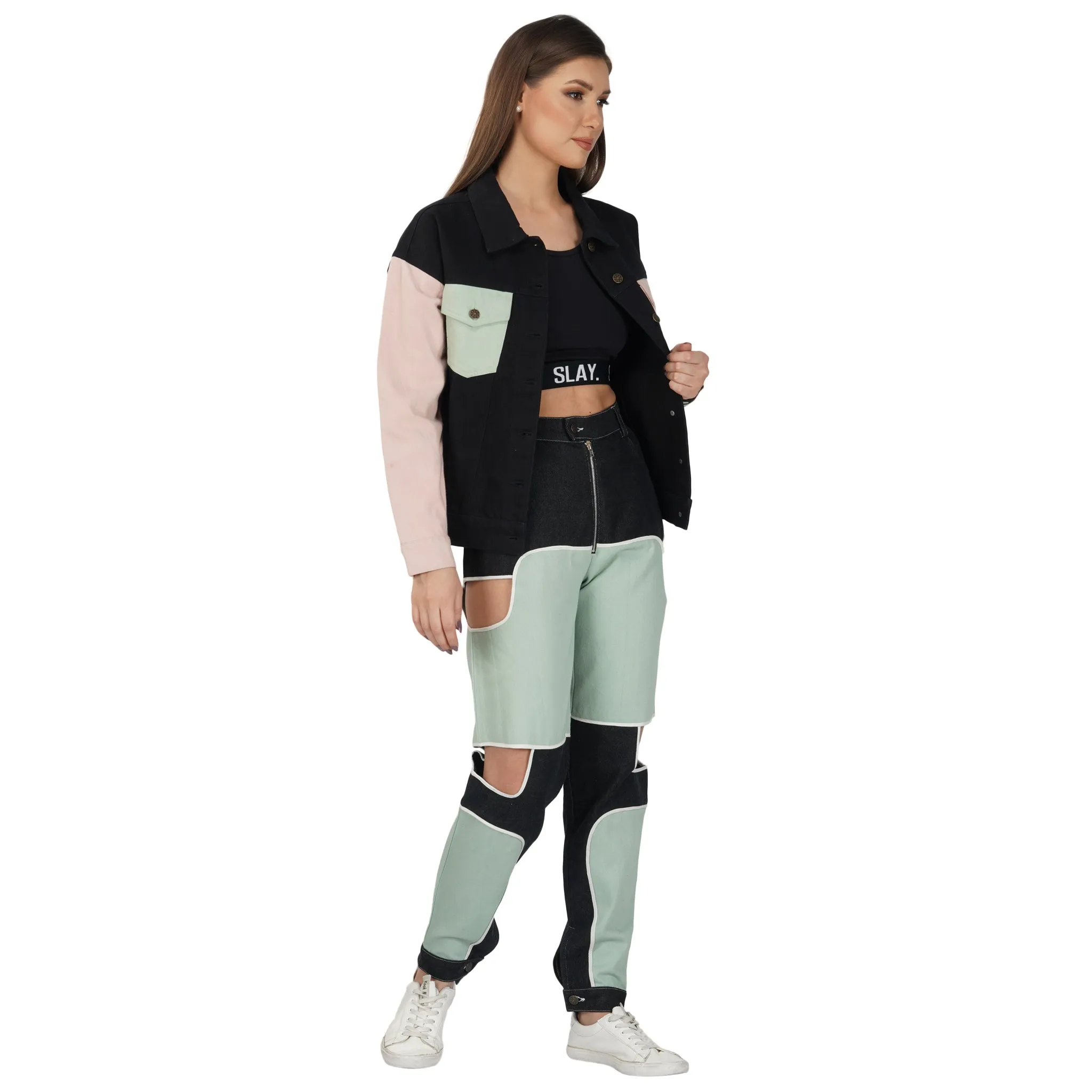SLAY. Women's Flap Pocket Colorblock Denim Jacket Crop Top & Jeans Co-ord Set(3 Piece