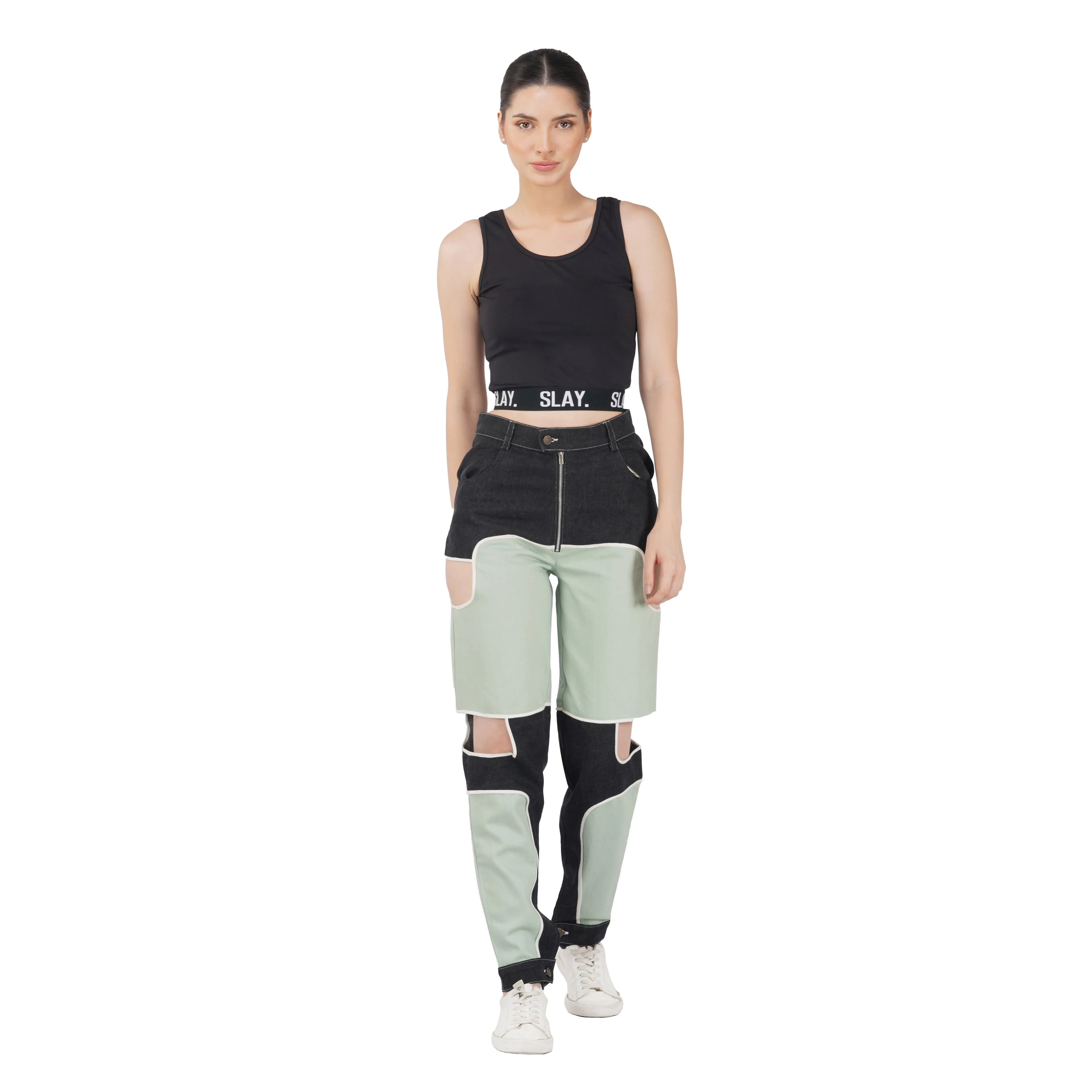 SLAY. Women's Flap Pocket Colorblock Denim Jacket Crop Top & Jeans Co-ord Set(3 Piece