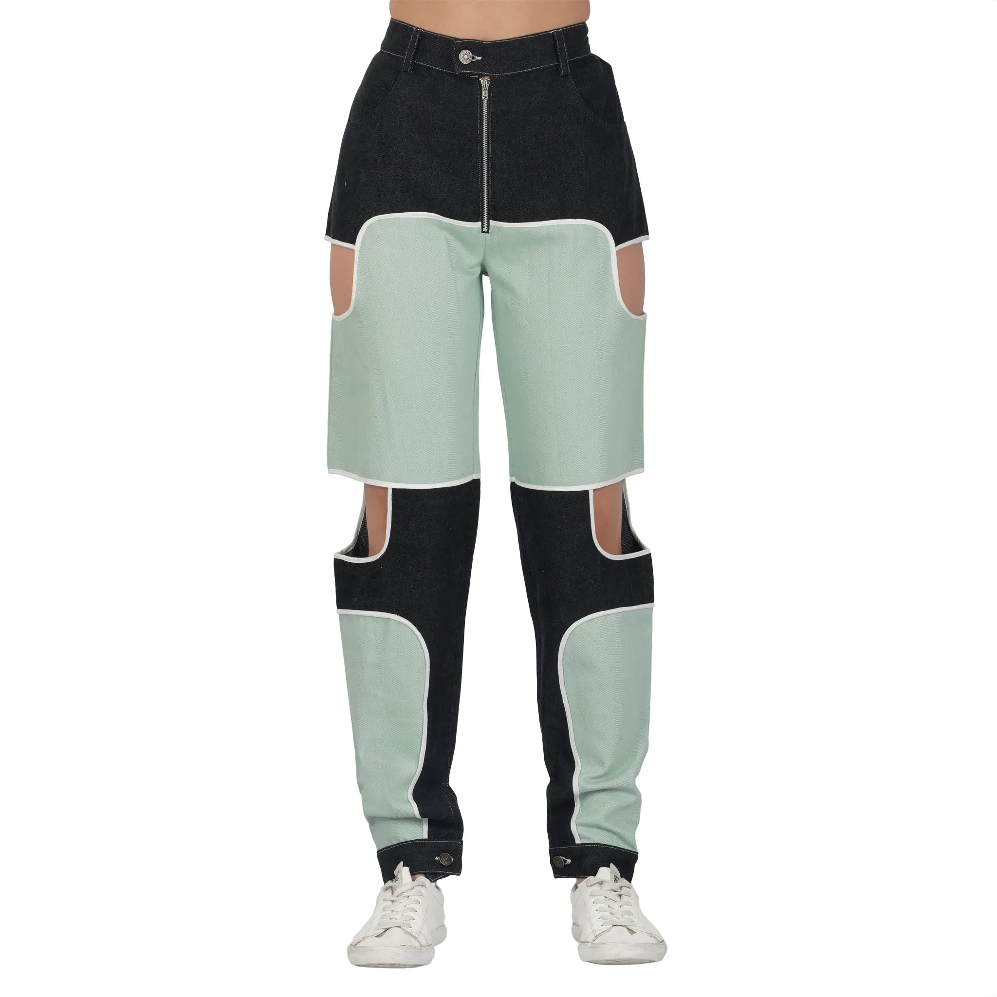 SLAY. Women's Flap Pocket Colorblock Denim Jacket Crop Top & Jeans Co-ord Set(3 Piece