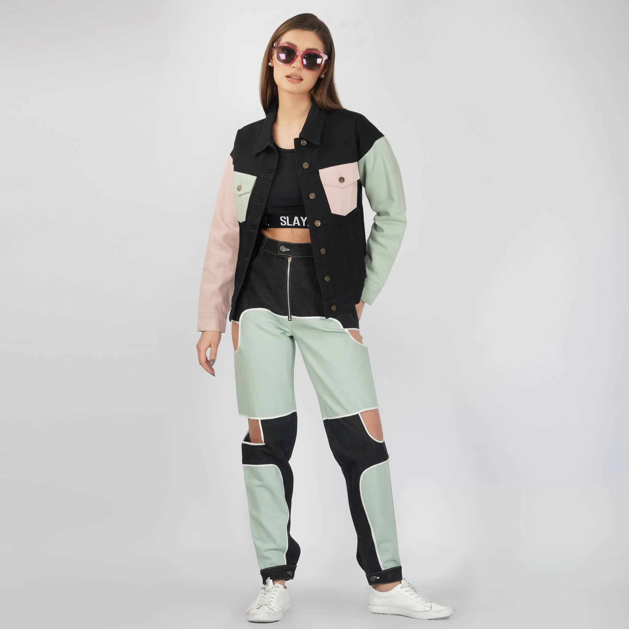 SLAY. Women's Flap Pocket Colorblock Denim Jacket Crop Top & Jeans Co-ord Set(3 Piece
