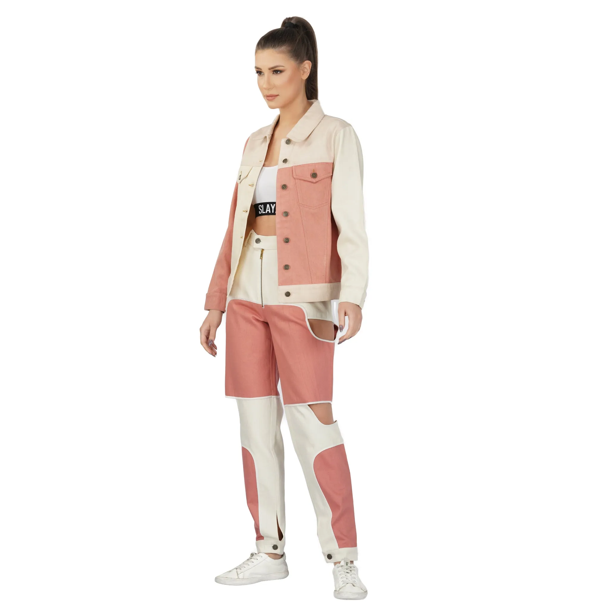 SLAY. Women's Pink & White Colorblock Denim Jacket Crop Top & Jeans Co-ord Set(3 Piece)