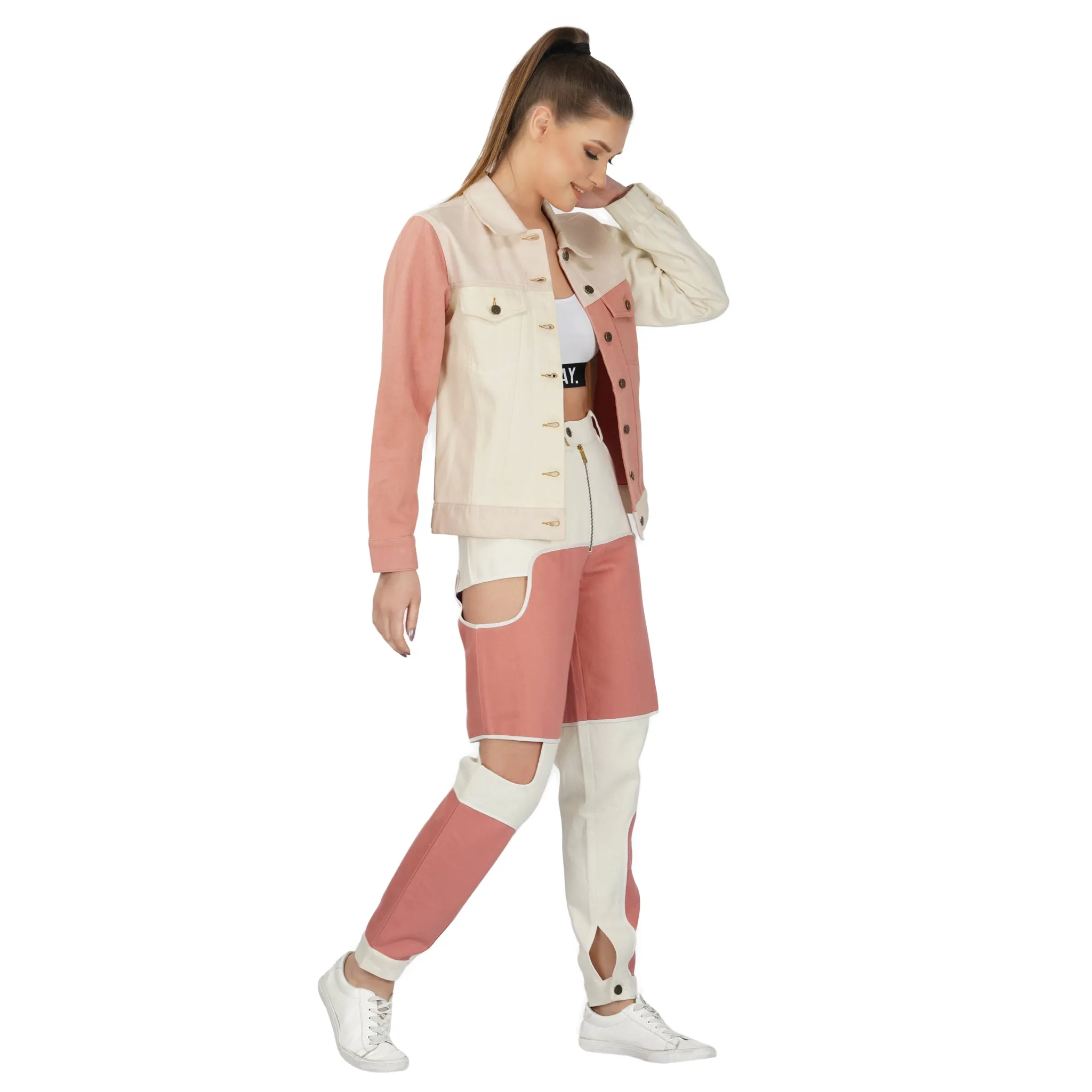 SLAY. Women's Pink & White Colorblock Denim Jacket Crop Top & Jeans Co-ord Set(3 Piece)