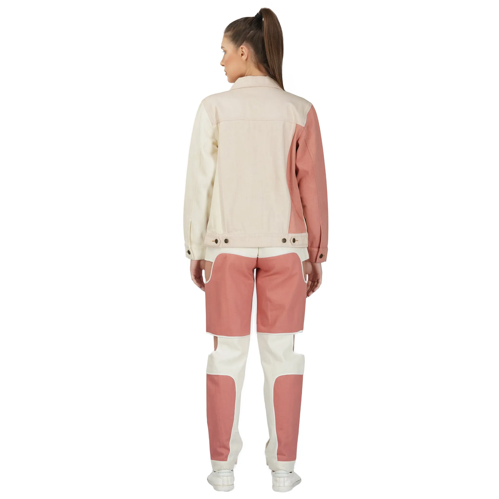 SLAY. Women's Pink & White Colorblock Denim Jacket Crop Top & Jeans Co-ord Set(3 Piece)