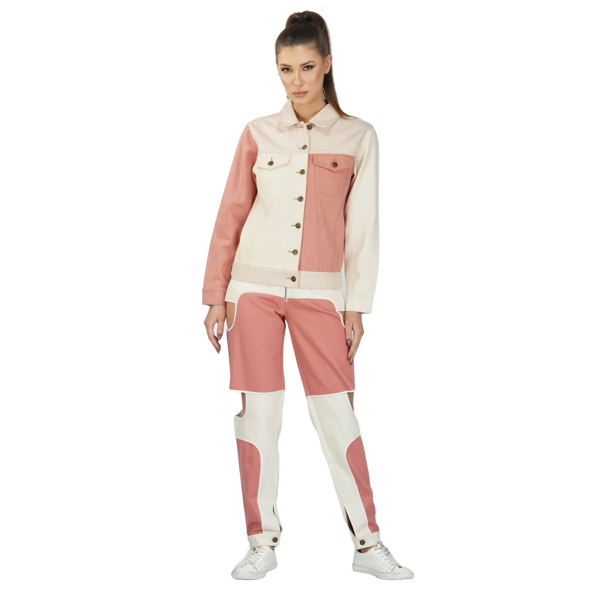 SLAY. Women's Pink & White Colorblock Denim Jacket Crop Top & Jeans Co-ord Set(3 Piece)