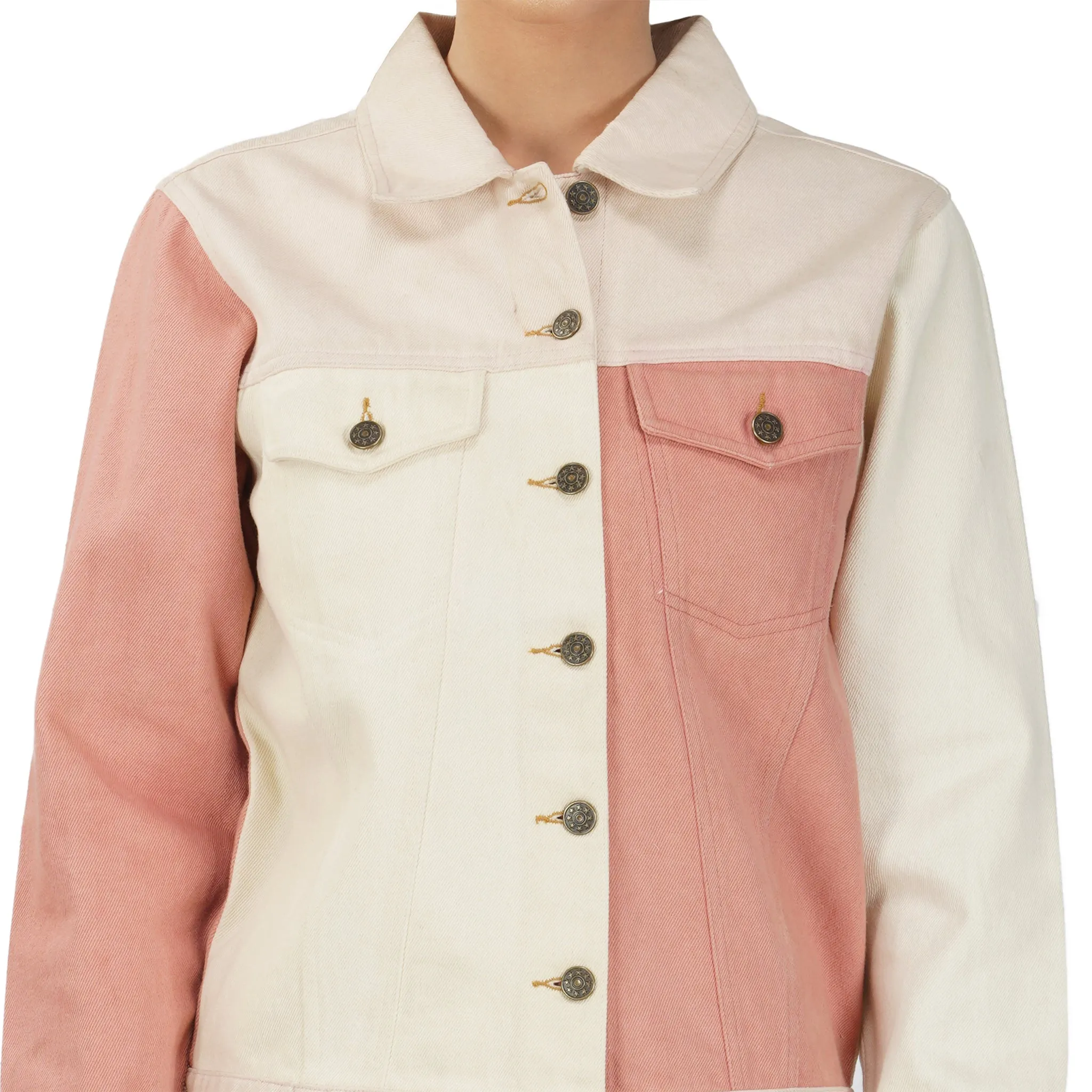 SLAY. Women's Pink & White Colorblock Denim Jacket Crop Top & Jeans Co-ord Set(3 Piece)