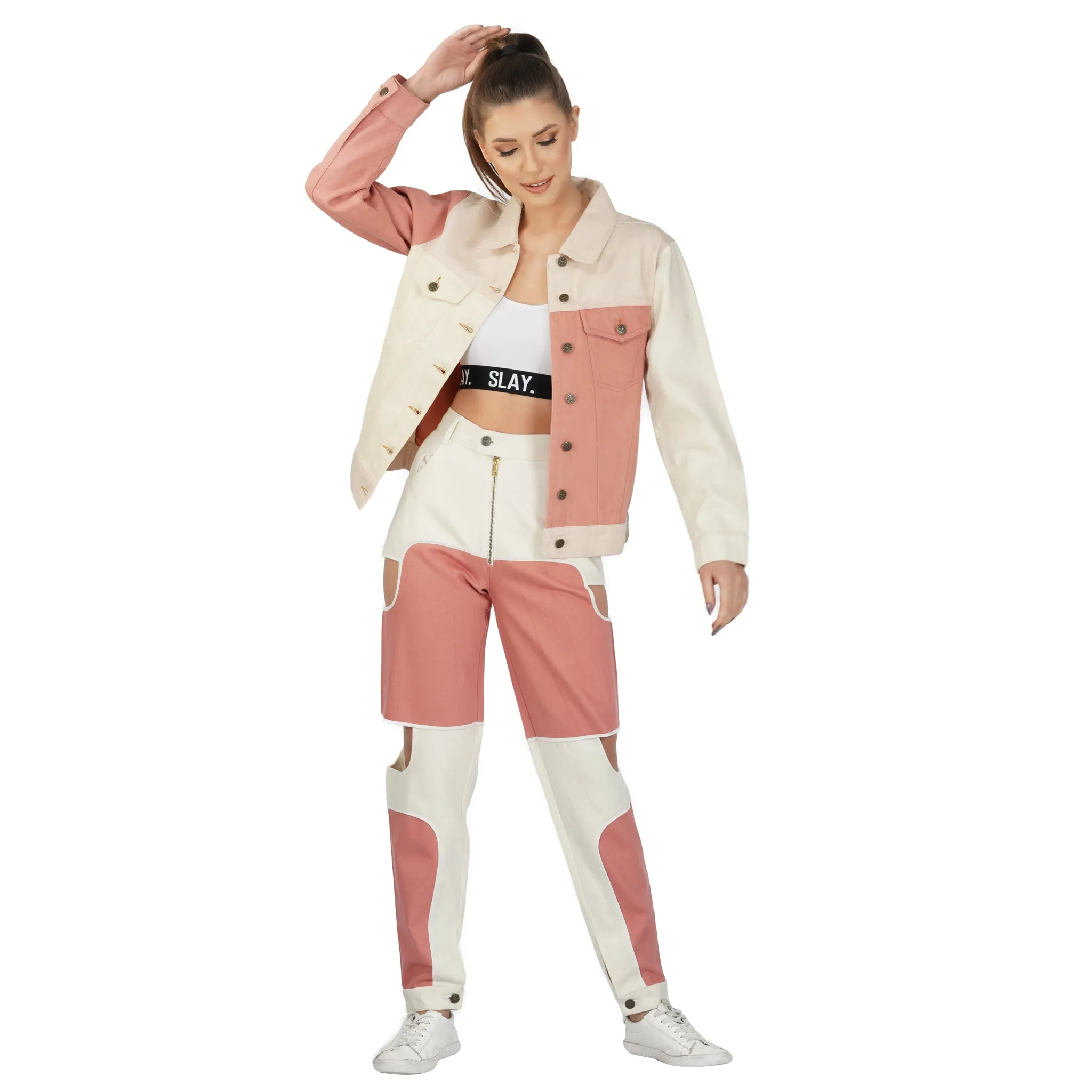 SLAY. Women's Pink & White Colorblock Denim Jacket Crop Top & Jeans Co-ord Set(3 Piece)