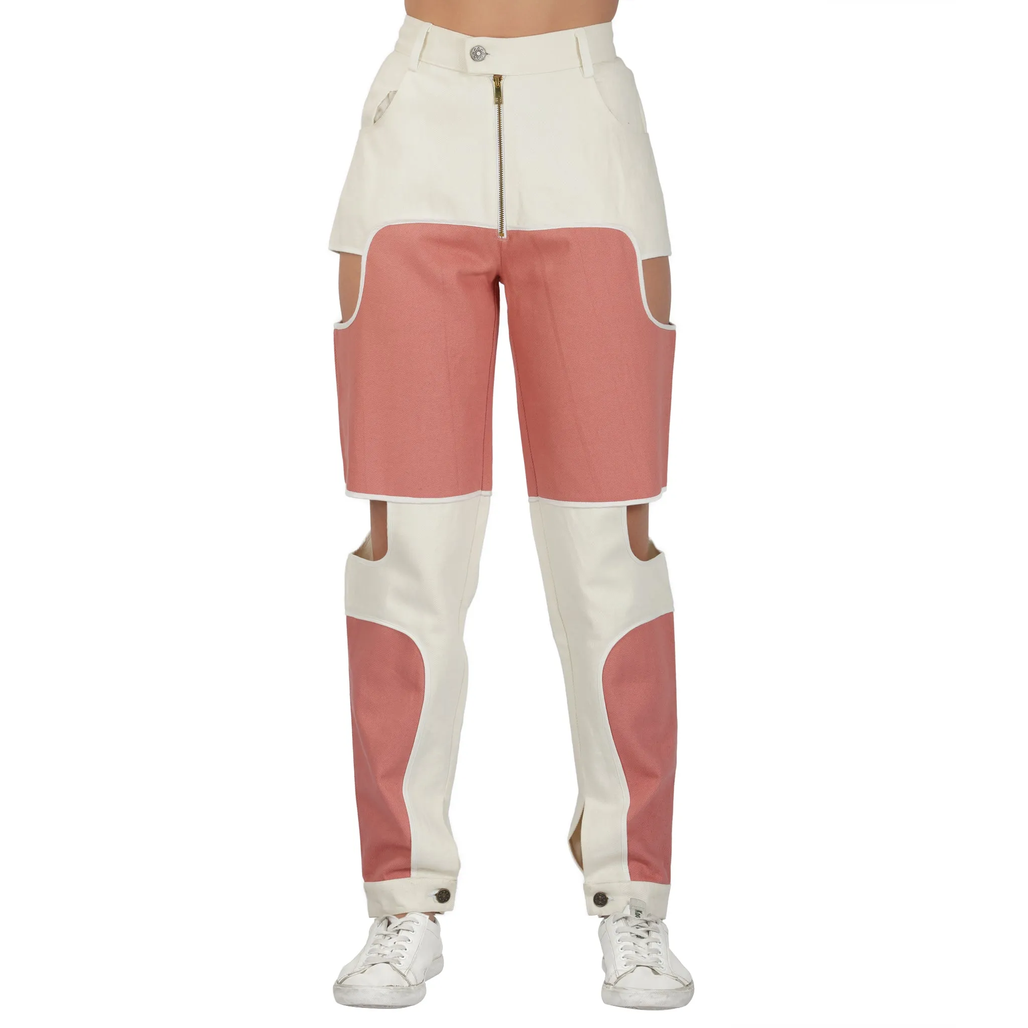 SLAY. Women's Pink & White Colorblock Denim Jacket Crop Top & Jeans Co-ord Set(3 Piece)