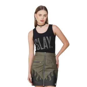 SLAY. Women's Silver Crystal Embellished Black Tank Top