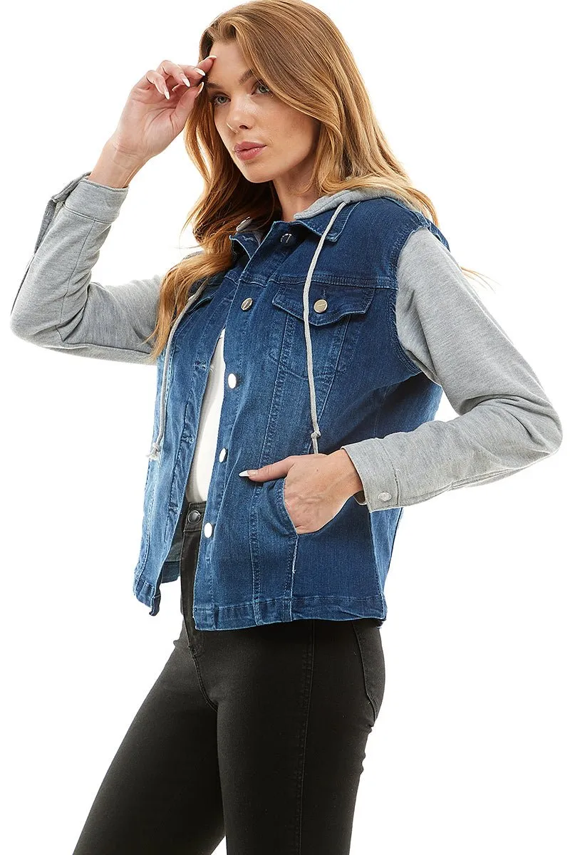 Spandex Ladies Denim Jacket with  Fleece Hoodie