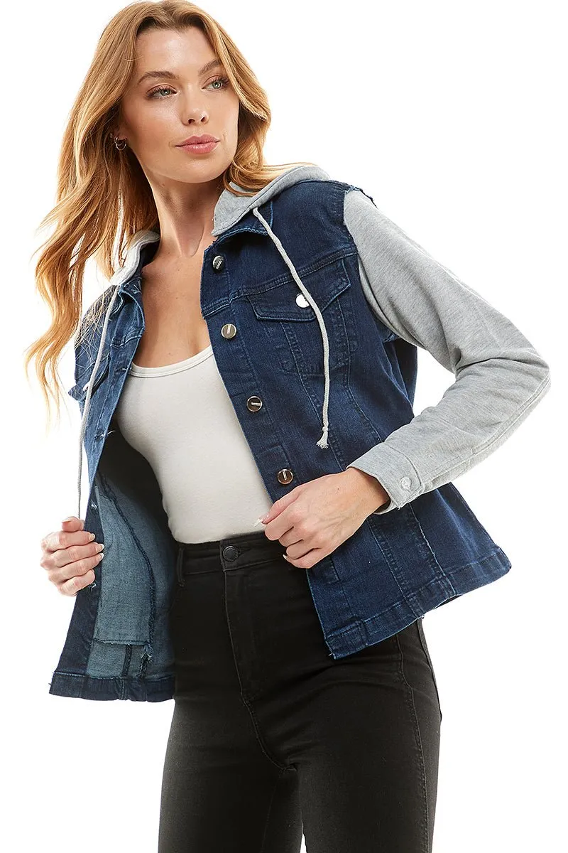 Spandex Ladies Denim Jacket with  Fleece Hoodie