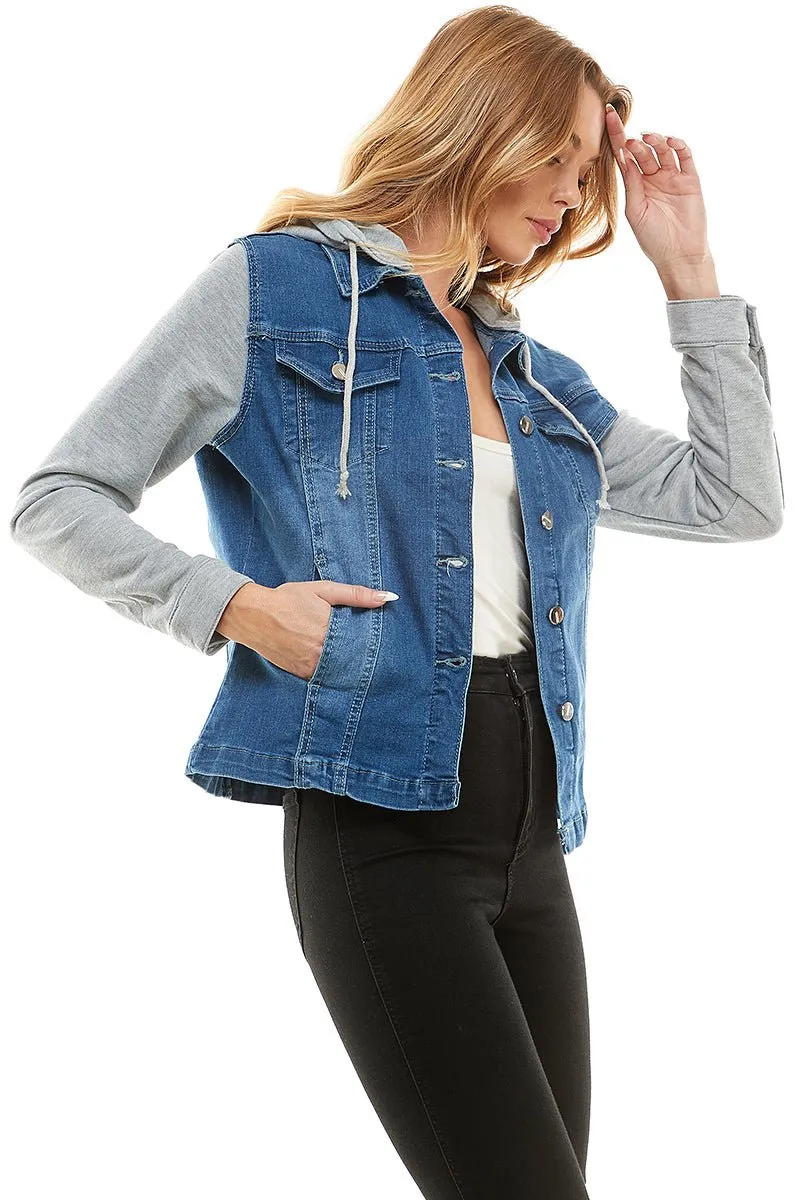 Spandex Ladies Denim Jacket with  Fleece Hoodie