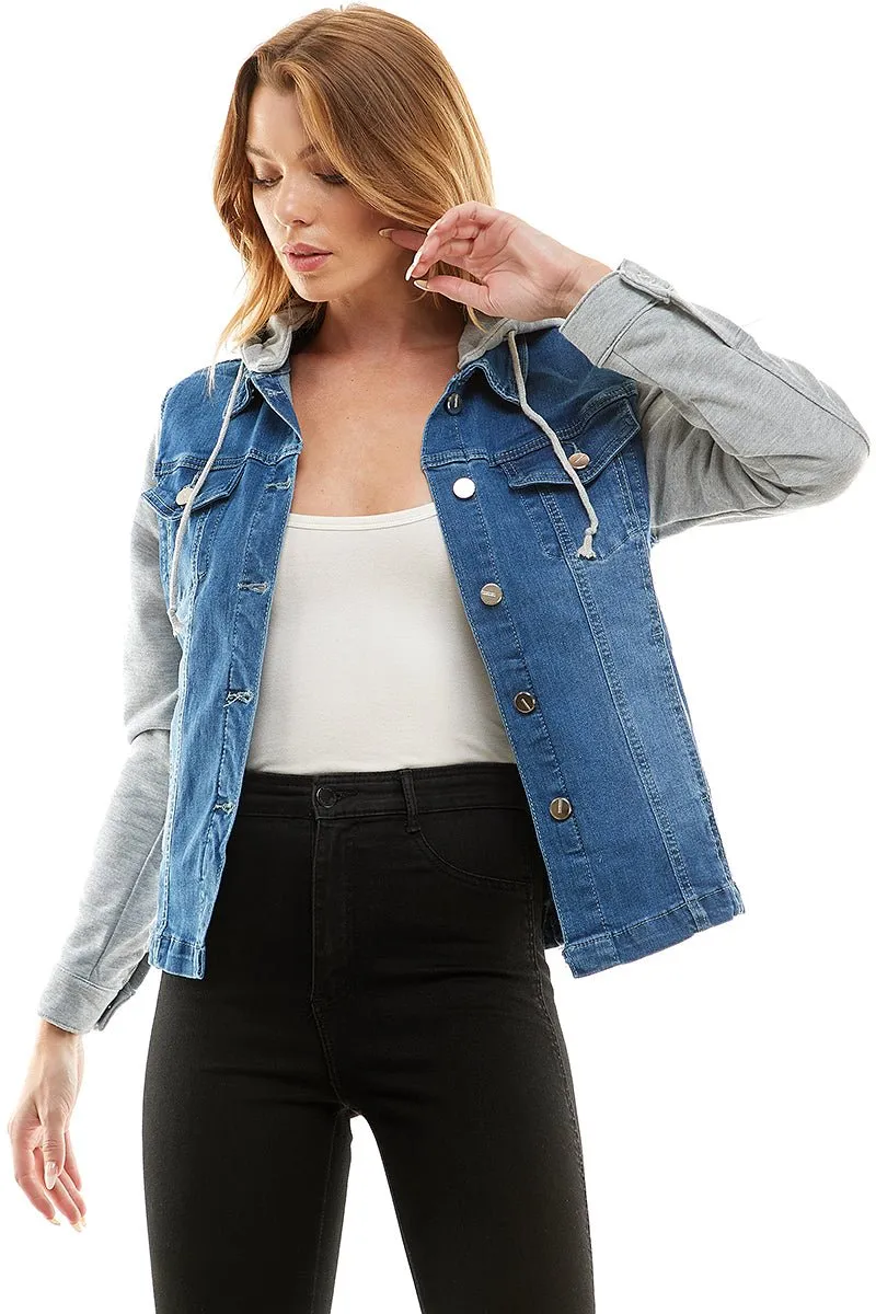 Spandex Ladies Denim Jacket with  Fleece Hoodie