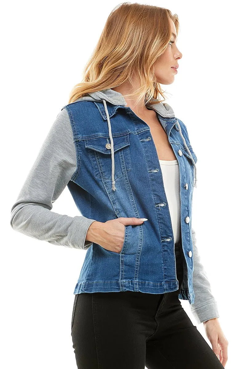 Spandex Ladies Denim Jacket with  Fleece Hoodie