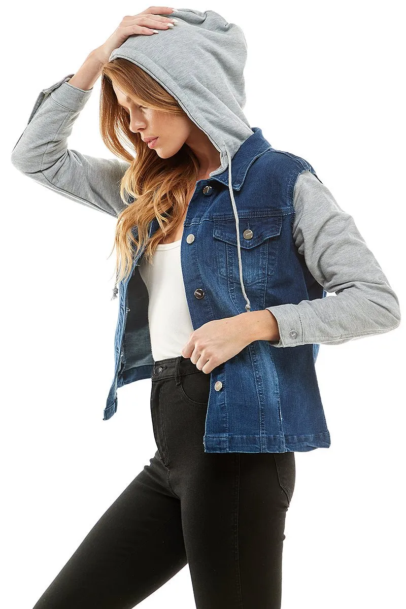 Spandex Ladies Denim Jacket with  Fleece Hoodie