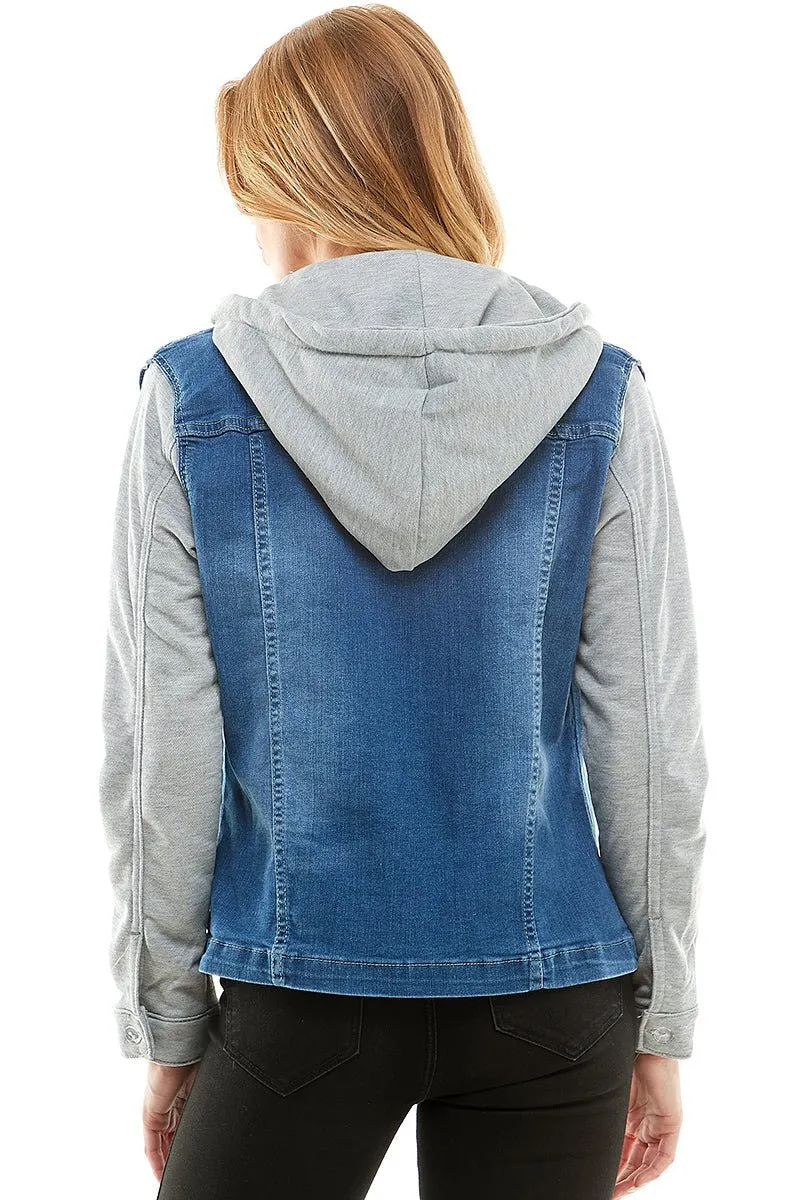 Spandex Ladies Denim Jacket with  Fleece Hoodie