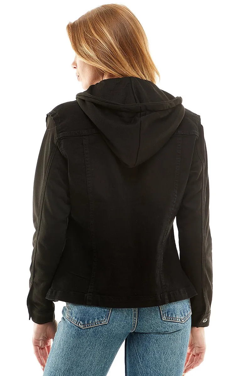 Spandex Ladies Denim Jacket with  Fleece Hoodie