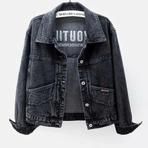 Spring and Autumn Large Size Denim Jacket Women's Loose All-match Embroidery Solid Color Short Blue and Black Jackets