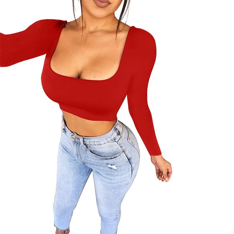 Square Neck Long Sleeve Bottoming Shirt Women's T-Shirt