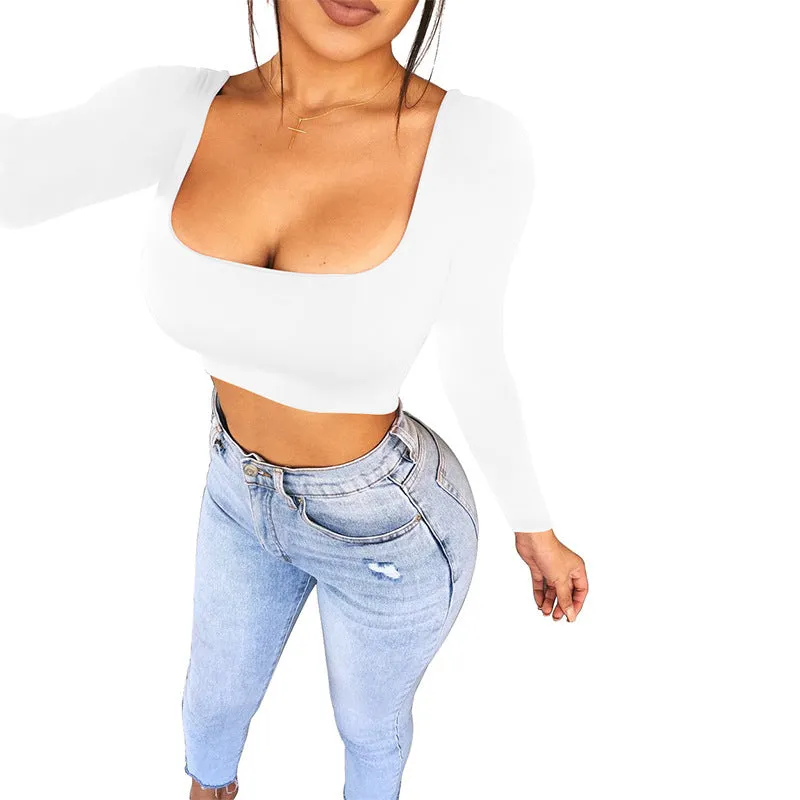 Square Neck Long Sleeve Bottoming Shirt Women's T-Shirt