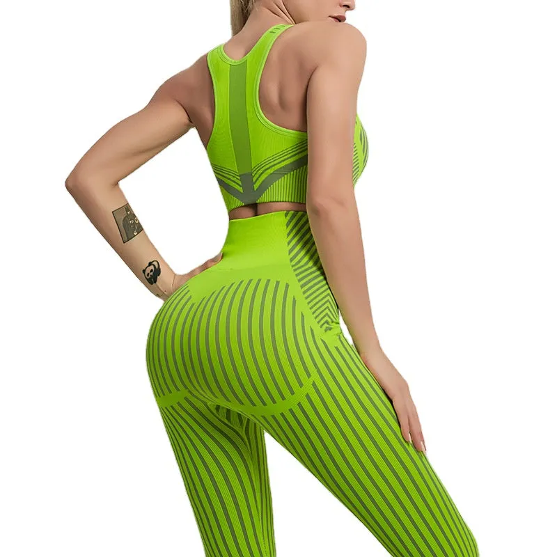 Striped seamless yoga wear sets two-piece women's hip-fitting fitness pants suit yoga vest bra running gym sports suits
