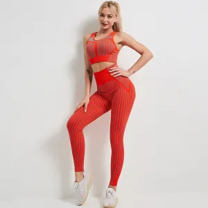Striped seamless yoga wear sets two-piece women's hip-fitting fitness pants suit yoga vest bra running gym sports suits