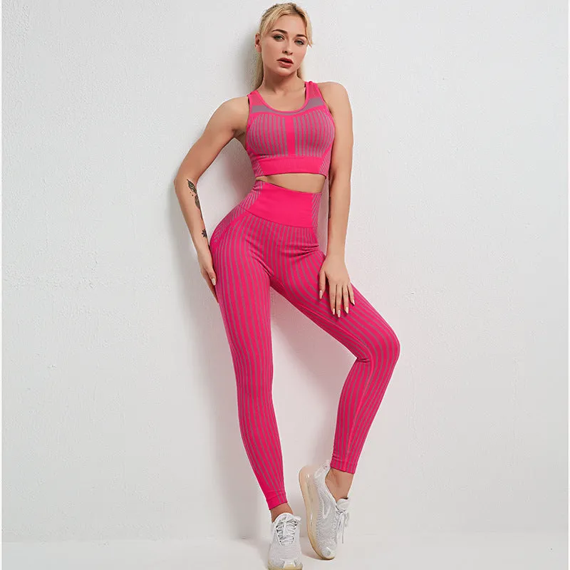 Striped seamless yoga wear sets two-piece women's hip-fitting fitness pants suit yoga vest bra running gym sports suits