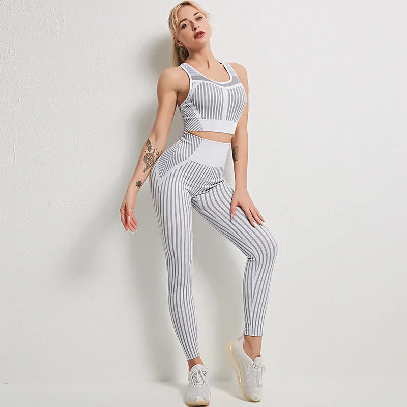 Striped seamless yoga wear sets two-piece women's hip-fitting fitness pants suit yoga vest bra running gym sports suits