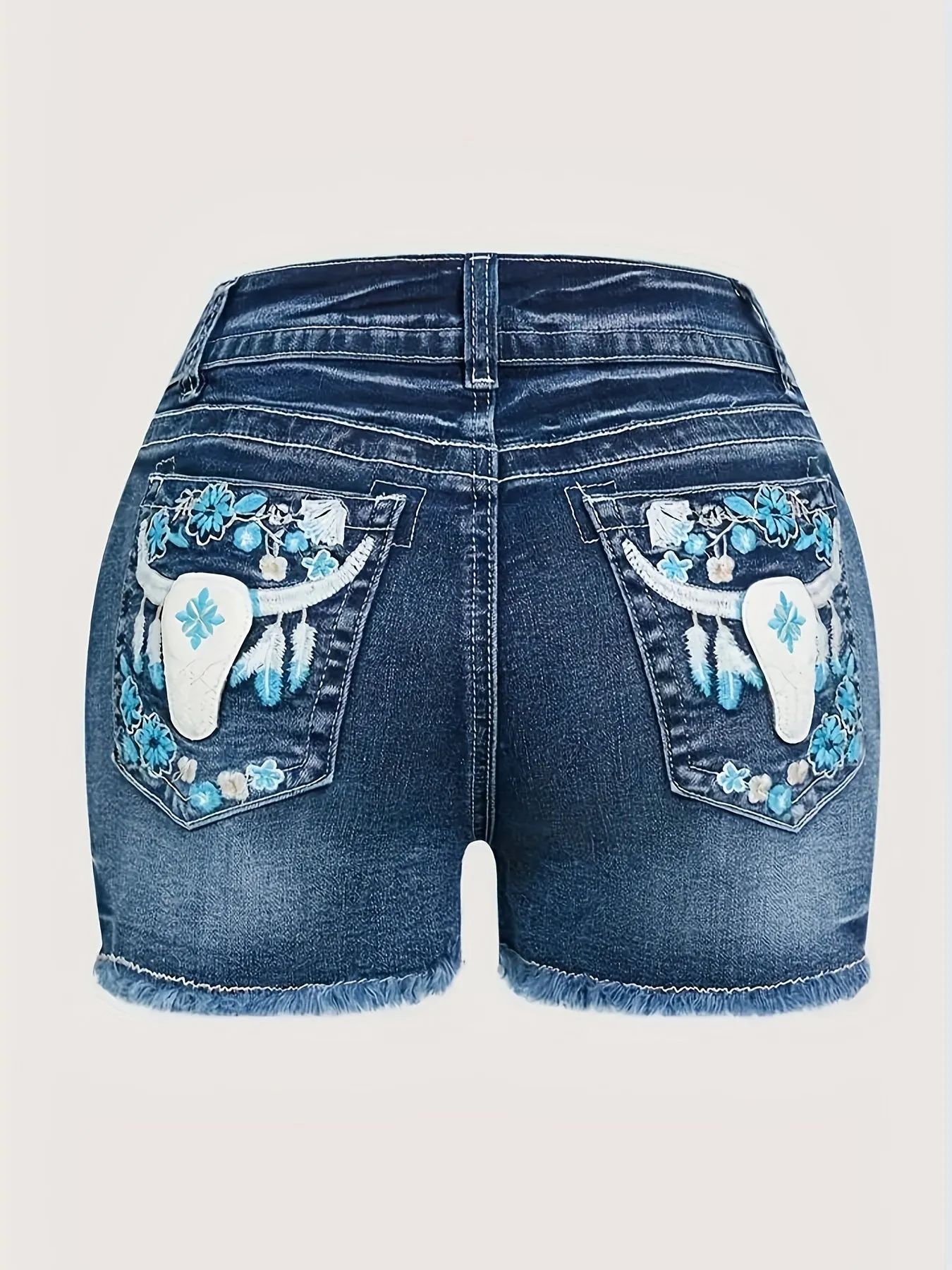Stylish Bull Floral Embroidered Denim Shorts - Fashionable Casual Style, Frayed Hem, Functional Pocket Detailing, Comfortable Summer Fashion Essentials for Women
