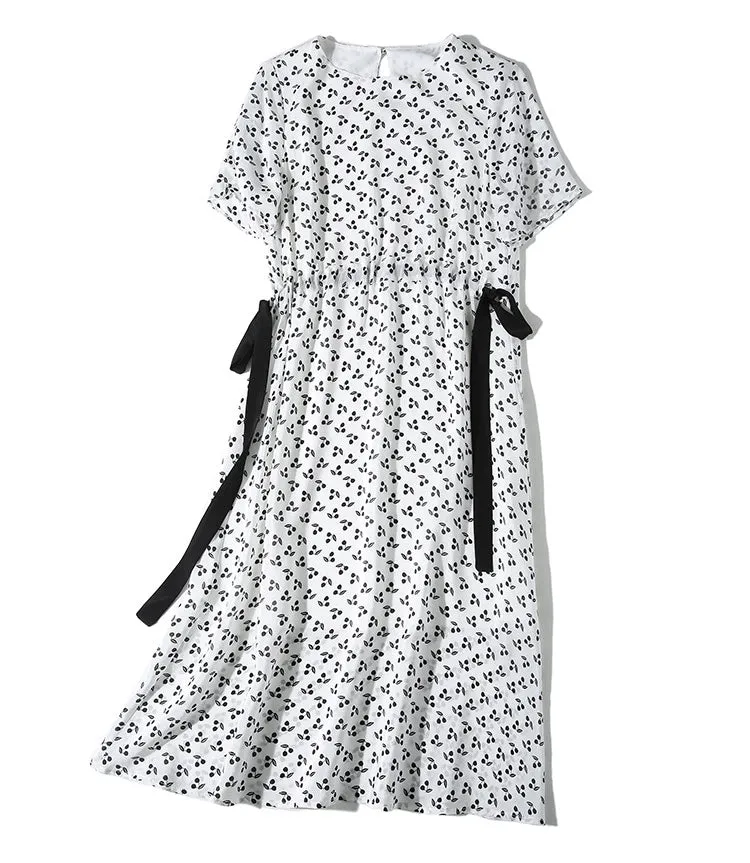 Summer Women's Silk Floral Dress Loose Plus Size Mid-length Dress