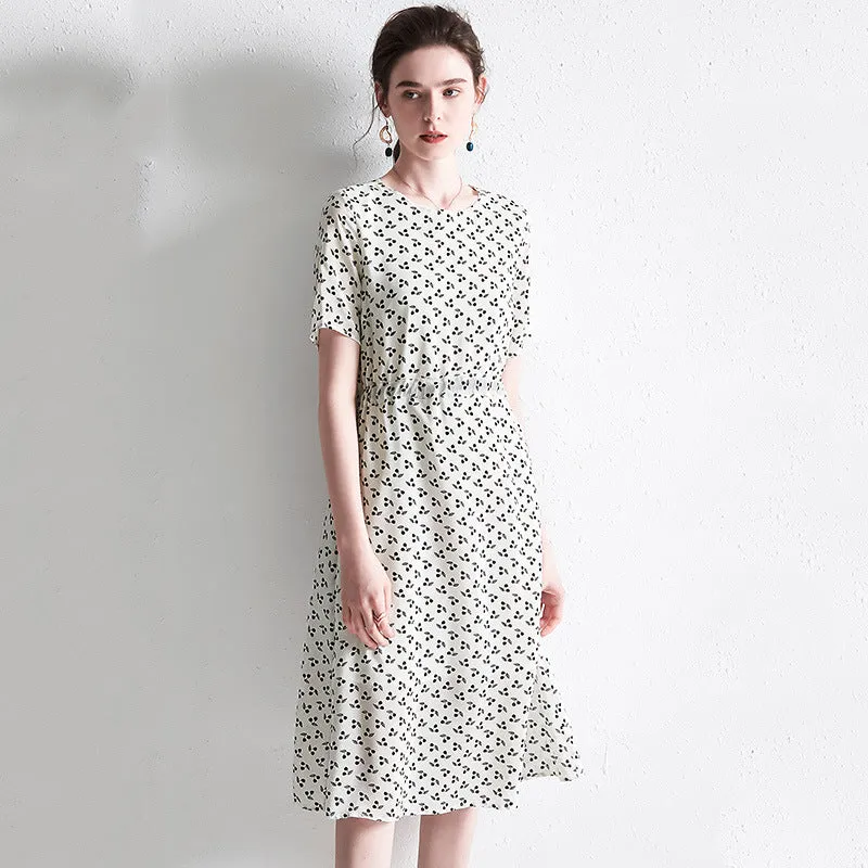 Summer Women's Silk Floral Dress Loose Plus Size Mid-length Dress