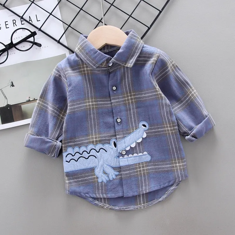 Toddler Boys Long Sleeve Plaid Dress Shirt With Motif