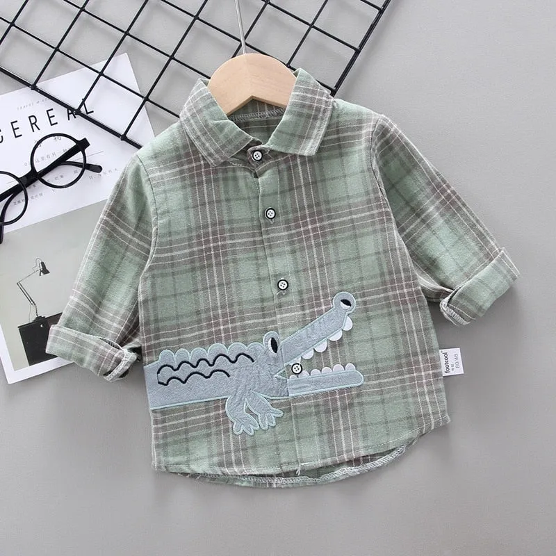 Toddler Boys Long Sleeve Plaid Dress Shirt With Motif