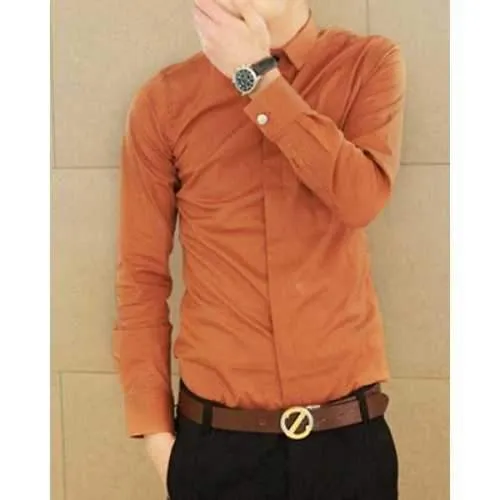 Turn-Down Collar Hidden Placket Long Sleeve Solid Color Slimming Men's Shirt - Orange M
