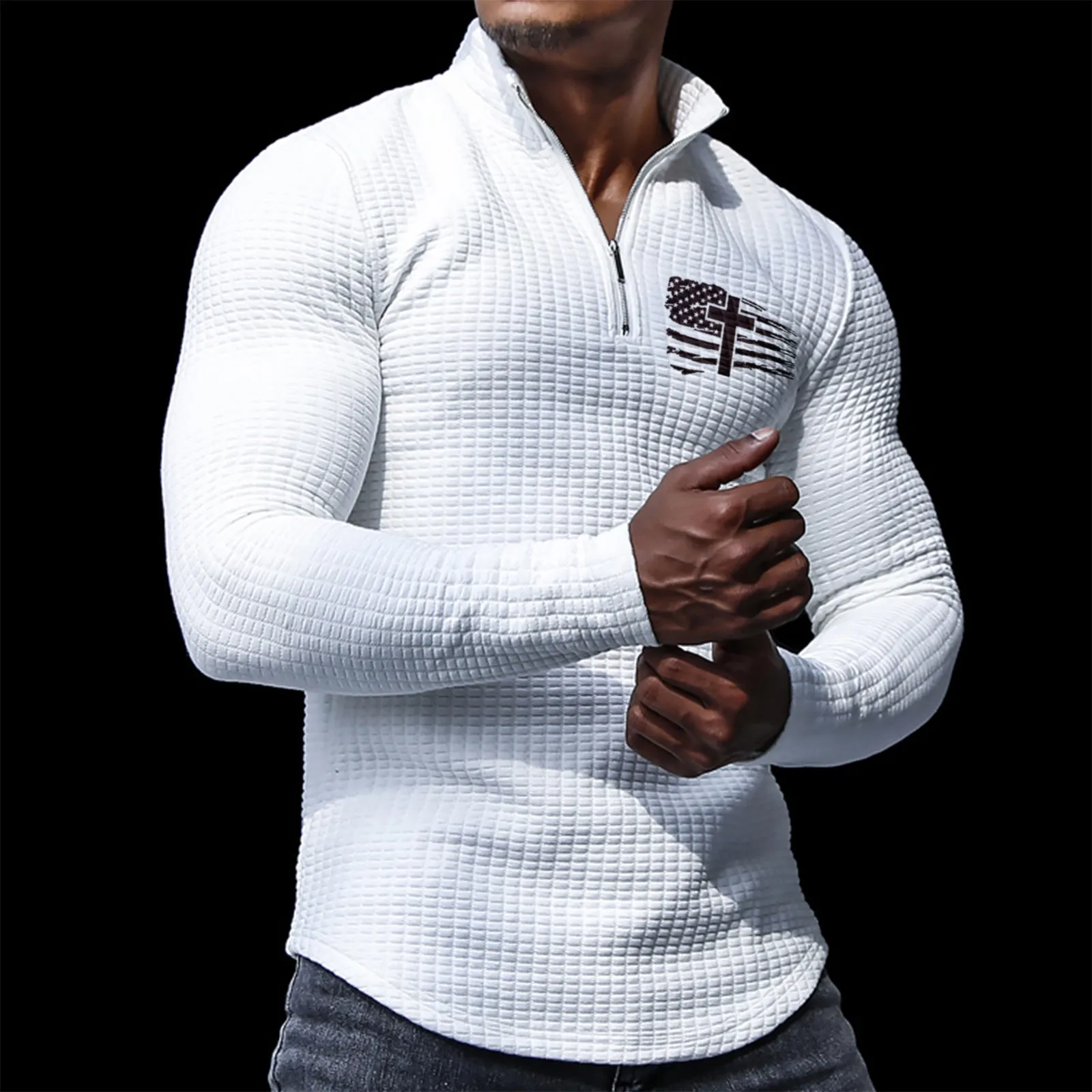 USA FLAG CROSS  MID-WEIGHT WAFFLE GRAPHIC STAND COLLAR  ZIPPER SWEATSHIRT