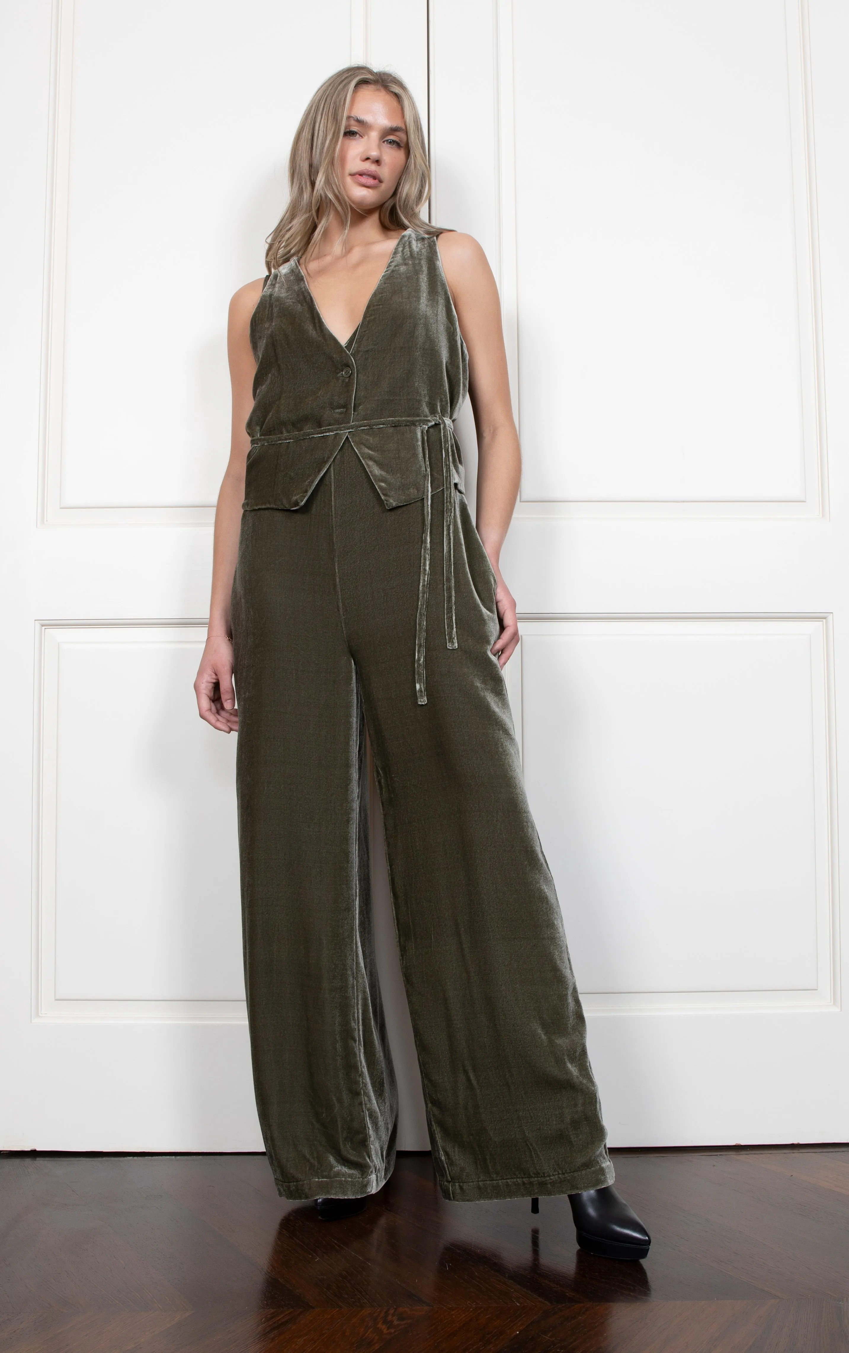 Velvet Jumpsuit - Moss Green