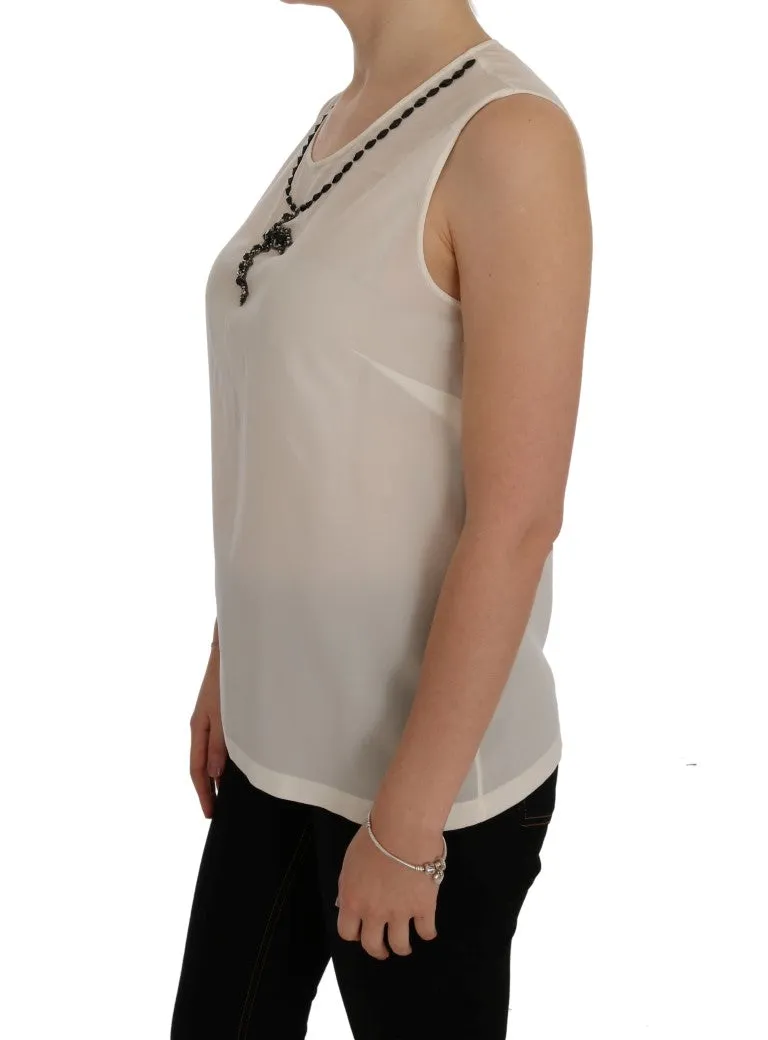 White Silk Black Crystal Cross Blouse