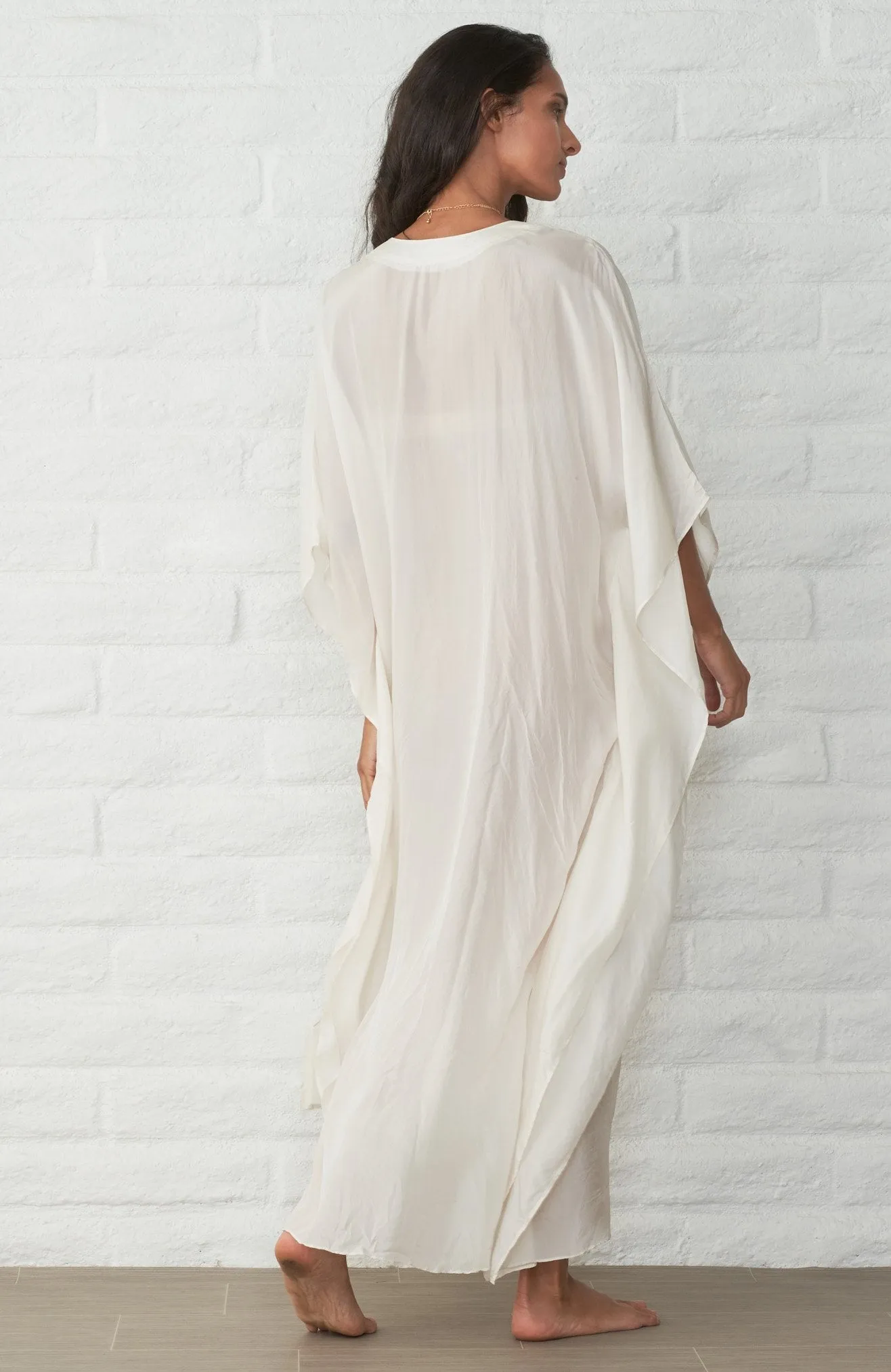 White Silk Placket V-Neck Long Caftan - Sale