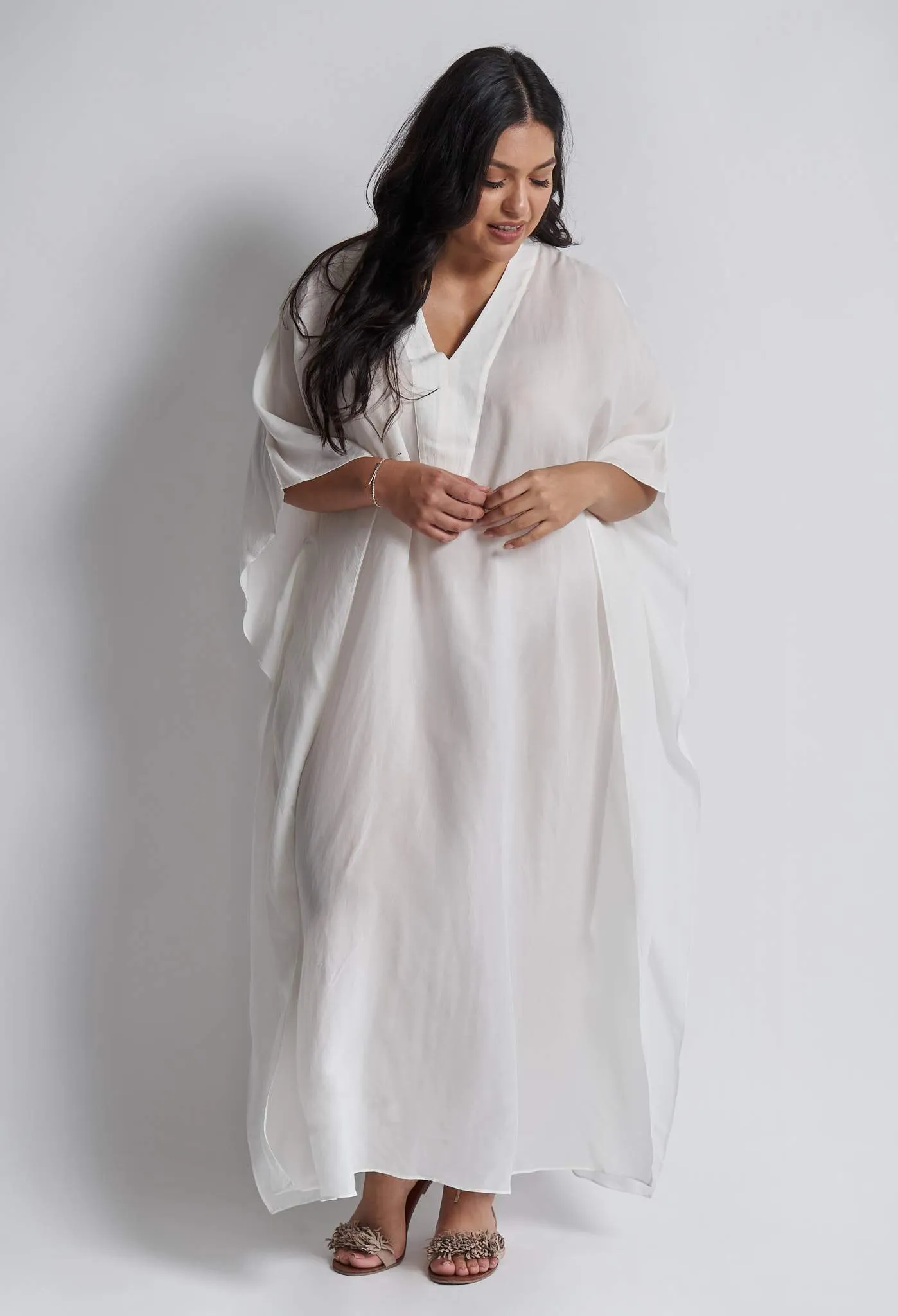 White Silk Placket V-Neck Long Caftan - Sale
