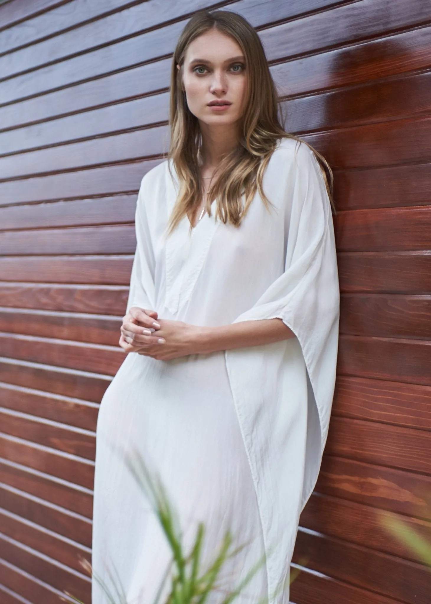 White Silk Placket V-Neck Long Caftan - Sale