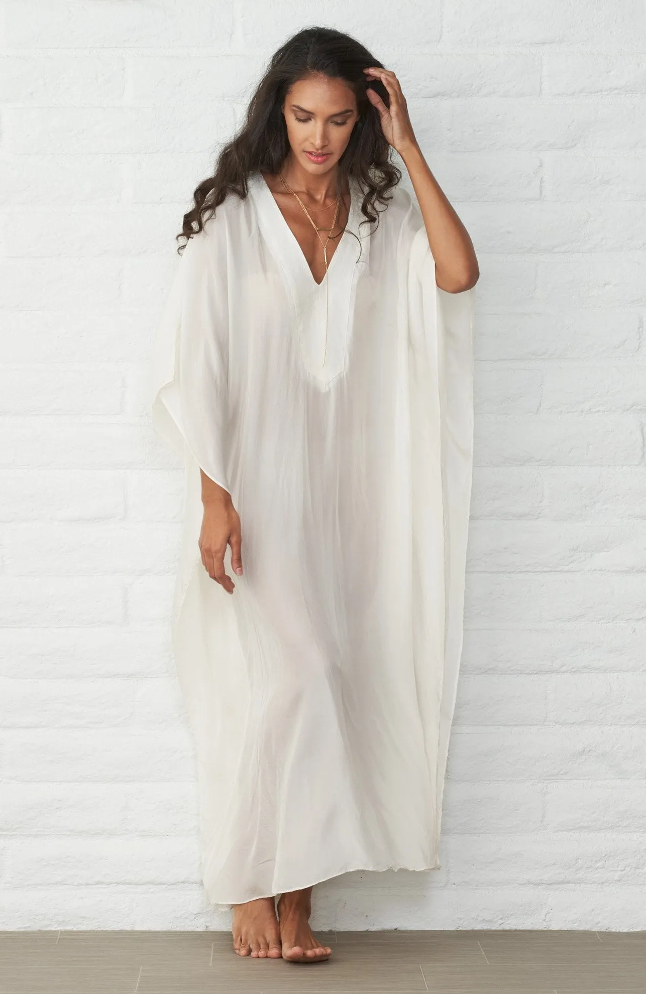 White Silk Placket V-Neck Long Caftan - Sale