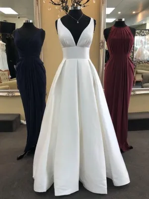 White V Neck Satin Long Prom Dresses, V Neck White Formal  Evening Dresses
